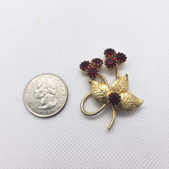 Vintage Ruby Red Rhinestone Floral Brooch - Picture 2 of 2
